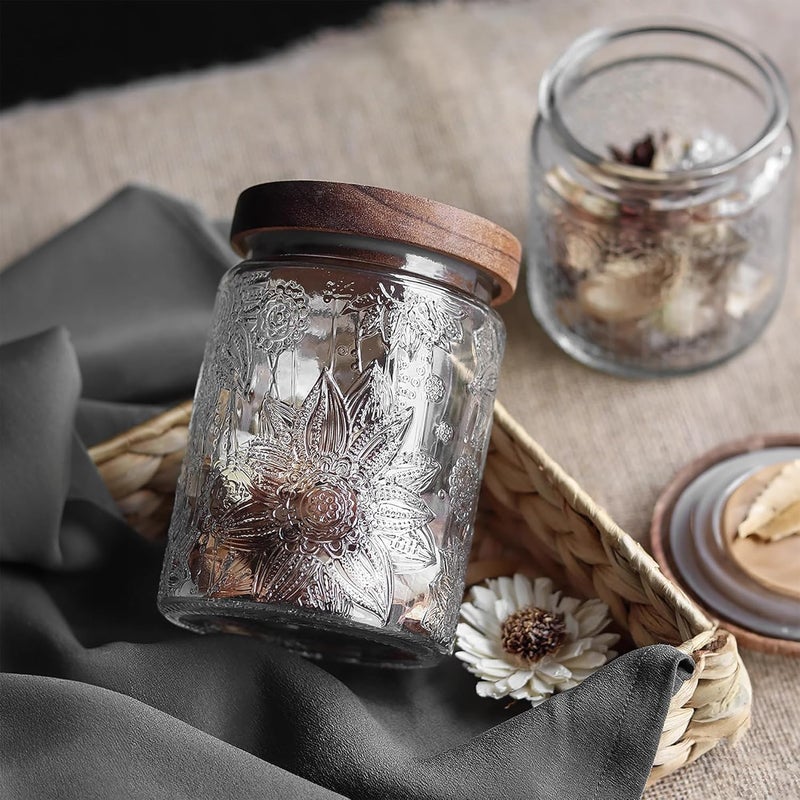 Custde Glass Storage Jars With Airtight Lid, 23.7oz Container For Kitchen Counter with Wooden Lid, brown sugar, candy, coffee, cookie, salt, tea, cute Jar (Sunflower*2) - Image 3